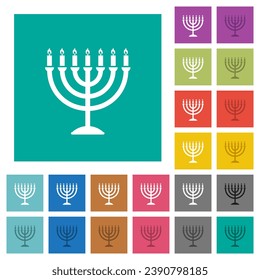 Menorah with burning candles solid multi colored flat icons on plain square backgrounds. Included white and darker icon variations for hover or active effects.