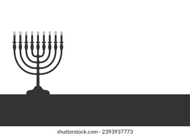 Menorah candelabrum with nine lit candles graphic icon. Candlestick in the form of a menorah on surface with blank space for text. Sign isolated on white background. Vector illustration