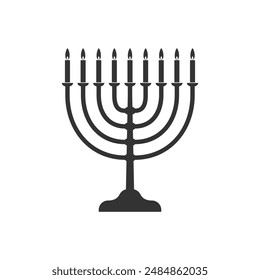 Menorah Kandelaber mit neun beleuchteten Kerzen Grafik-Ikone. Kerzenständer in Form eines Menorah-Schildes isoliert auf weißem Hintergrund. Vektorillustration