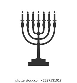 Menorah candelabrum with seven lit candles graphic icon. Candlestick in the form of a menorah sign isolated on white background. Vector illustration