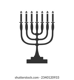 Menorah candelabrum with seven lit candles graphic icon. Candlestick in the form of a menorah sign isolated on white background. Vector flat  sign