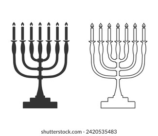 Candelabro de Menorah con siete velas encendidas conjunto de iconos de línea gráfica. Candlestick en la forma de un signo de menorah aislado en fondo blanco. Señal plana del vector