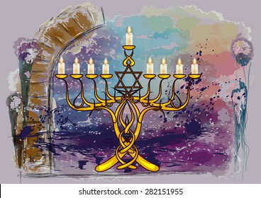 menorah with candles on abstract multicolor grunge background