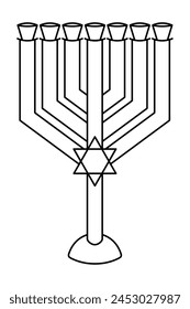 Menorah. The candlestick for seven candles is decorated with the Star of David. Sketch. Vector illustration. Outline on isolated background. Coloring book for children. Jewish religious attribute. 