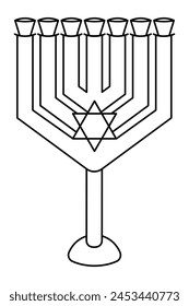 Menorah. The candlestick for seven candles is decorated with the Star of David. Sketch. Vector illustration. Outline on isolated background. Coloring book for children. Jewish religious attribute. 