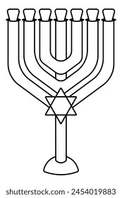 Menorah. The candlestick for seven candles is decorated with the Star of David. Sketch. Vector illustration. Outline on isolated background. Coloring book for children. Jewish religious attribute. 