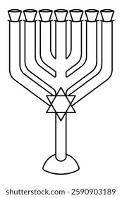 Menorah. The candlestick for seven candles is decorated with the Star of David. Sketch. Vector illustration. Outline on isolated background. Coloring book. Doodle style. Celebration of Passover. 