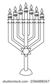 Menorah. Candlestick with seven candles. Melting wax. Hot flame. Sketch. Vector illustration. Outline on isolated background. Jewish religious attribute decorated with the Star of David. Doodle style.