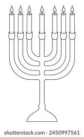 Menorah. Candelabro para siete velas. Boceto. Ilustración vectorial. Contorno sobre fondo aislado. Atributo religioso judío. Estilo Doodle. 