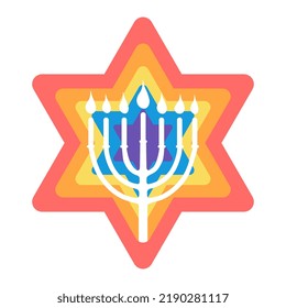 Menorah and David star icon isolated on white background White menora silhouette on bright colorful star backdrop Vector illustration in flat style for apps, web, greeting cards, posters