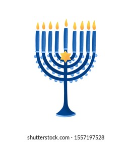 Menorah with david star vector illustration. Hebrew lampstand isolated on white background. Jewish holiday. Traditional hanukkah candlestick. Nine branched candelabrum. Religious and holiday attribute