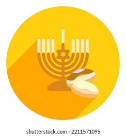 menorah with donuts. icon, logo in flat style menorah and donuts. flat orange, yellow with shadow logo. icon for hanukkah. web browser icon.