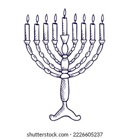 Menorah in doodle style isolated on white background. Happy Hanukkah. Vector