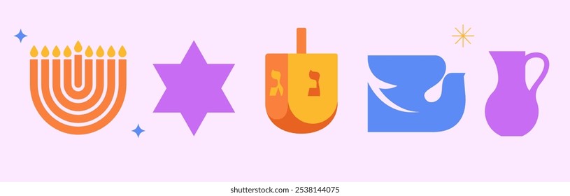 Menorah, dove, candles and dreidel icons set. Happy Hanukkah banner, background, poster. Modern illustrations for traditional holiday. Vector design