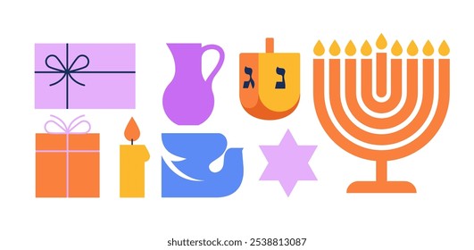 Menorá, pomba, velas e ícones dreidel. Feliz Hanukkah banner, fundo, cartaz. Ilustrações modernas para férias tradicionais. Design vetorial