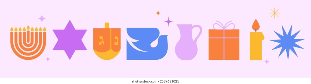 Menorá, paloma, velas e iconos de dreidel. Feliz Anuncio de Janucá, fondo, cartel. Ilustraciones modernas para vacaciones tradicionales. Diseño de Vector