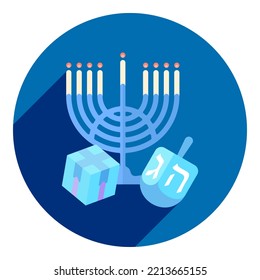 menorah dreidel and gift box. icon in flat style of gift box, dreidel and menorah. flat blue with long shadow logo. icon for the holiday Hanukkah. web browser icon.