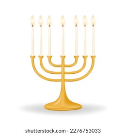 Menorah featuring seven candles on a clean white background. Illuminate your celebration with a stunning gold Menorah featuring seven candles. Perfect for your Passover designs. Vector illustration. 