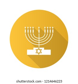 Menorah flat design long shadow glyph icon. Hanukkah candles. Jewish festival of lights. Feast of Dedication. Vector silhouette illustration