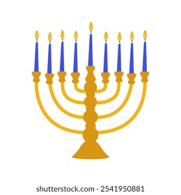 Menorah im flachen Stil.  Jüdisches Symbol der Hanukka. Kerzenständer mit 9 Kerzen. Vektor auf weißem Hintergrund