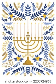 Menorah with florals vector print. Jewish symbols clipart. Hanukkah holidays