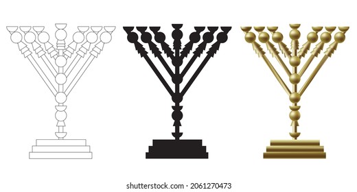 The menorah - golden lampstand in the tabernacle. six diagonal branches.  One of the ancient Jewish bible Temple vessels in Jerusalem. Vector icon painting for coloring, color and black silhouette. 