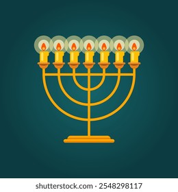 Menorah. A golden seven-branched lampstand, or candlestick with seven candles, which is lit on the religious Jewish holiday of Hanukkah. Vector illustration in a flat style. Icon.