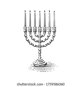 Menorah. Hand drawn engraving style illustrations.