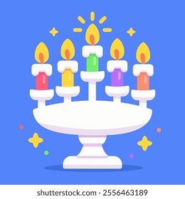 Menorah or hanukiah with colorful burning candles on blue background. Symbol of jewish holiday Hanukkah. Religious concept. Vector illustration