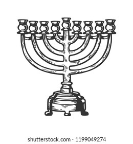 Menorah Hanukkah candelabrum candle holder with multiple arms engraving vector illustration. Scratch board style imitation. Black and white hand drawn image.