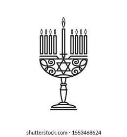 Menorah hanukkah icon. Jewish Holiday symbol menorah - light candelabra with candles silhouette isolated white background. Flat web sign, Israel Holiday symbol, vector concept logo, label illustration