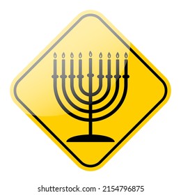 Menorah Hanukkah Jewish holiday icon on yellow street sign frame symbol. Isolated vector illustration.
