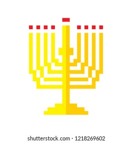 Menorah Hanukkah. Pixel art. Old school computer graphic style. Games elements. Judaic holiday decoration. Vector hand made illustration. Tradition religion jewish holiday. Greeting card design