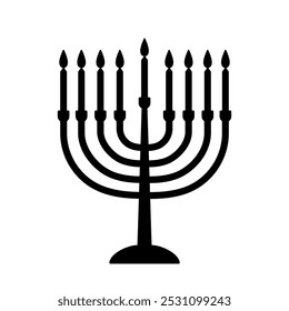 Menorah or hanukkiah icon, black silhouette isolated on white. Nine-branched candleholder with candles in stencil style. Vector clipart or png for minimal Hanukkah design and print, minimalist logo.