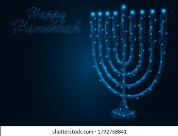 Menorah. Fröhlich Hanukkah. Mehrfamilienhauskerzenhalter. Blauer Hintergrund.