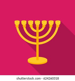 Menorah icon in flat style isolated on pink background. Religion symbol stock vector illustration.