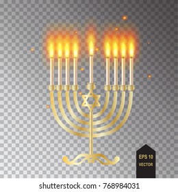 Menorah icon. Hanukkah menorah isolated, transparent lights effect candelabra and candles realistic flame and sparkles vector illustration Chanukah Jewish Holiday festival of lights symbol, decoration