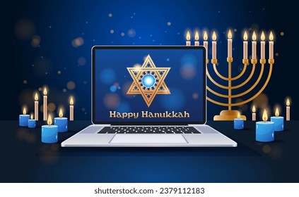 menorah icon happy hanukkah judaism religious holidays hebrew celebration banner candelabrum with candles and david star on laptop screen