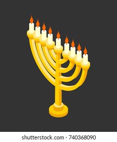 Menorah isometry for Jewish holiday. Traditional religious candelabrum. Israel is celebration. Vector illustration
