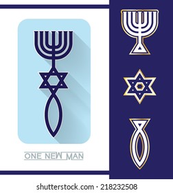 Menorah with Israel star and Christian fish symbol.