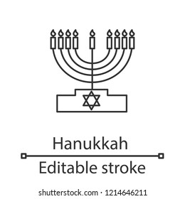 Menorah linear icon. Thin line illustration. Hanukkah candles. Jewish festival of lights. Feast of Dedication. Contour symbol. Vector isolated outline drawing. Editable stroke