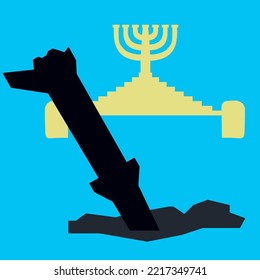 The Menorah monument at Babi Yar against the backdrop of a Russian rocket.