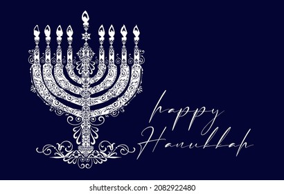 Menorah with neoclassical decoration. Traditional chandelier, ornate silhouette for Happy Hanukkah. Symbols of the Jewish festival of lights.