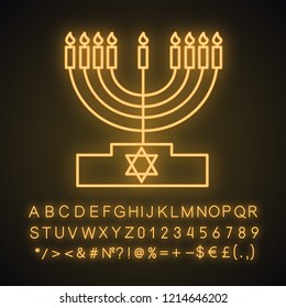 Menorah neon light icon. Hanukkah candles. Jewish festival of lights. Feast of Dedication. Glowing sign with alphabet, numbers and symbols. Vector isolated illustration