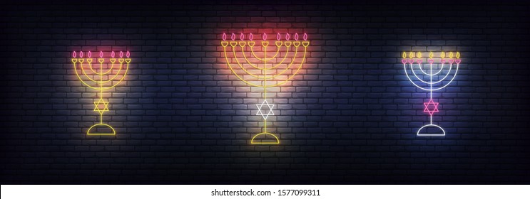 Menorah neon sign for Hanukkah. Glowing decorations for Jewish Chanukkah holiday
