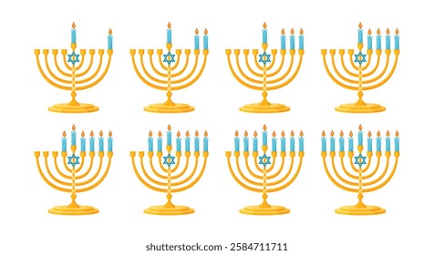 Menorah nine candles lighting order. Hand drawn trendy flat style isolated icon Jewish holiday of Hanukkah traditional nine branched candelabrum. Happy Hanukkah Vector illustration