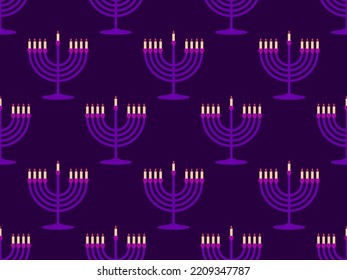 Menorah with nine Hanukkah candles seamless pattern. Happy Hanukkah. Menorah with candles on a purple background. Design for greeting card, banner and poster. Vector illustration