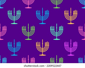 Menorah with nine Hanukkah candles seamless pattern. Happy Hanukkah. Multicolored menorahs with candles on a purple background. Design for greeting card, banner and poster. Vector illustration