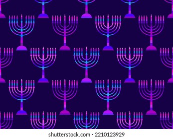 Menorah with nine Hanukkah candles seamless pattern. Happy Hanukkah. Menorah with candles on a purple background. Design for greeting card, banner and poster. Vector illustration