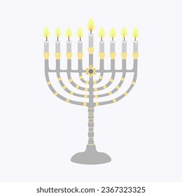 Menorah with nine lit candles. Flat icon. Brightly glowing Hanukkah menorah. Candle holder on isolated background, Vector illustration.